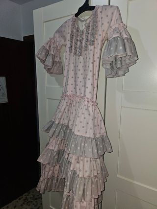 Vestido Flamenca Rosa y Gris Lunares Talla 4