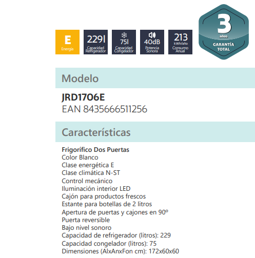 Frigorífico Johnson Blanco 2 Puertas Clase E