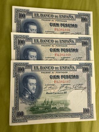 Trío billetes correlativos 100 ptas
Felipe II EBC+