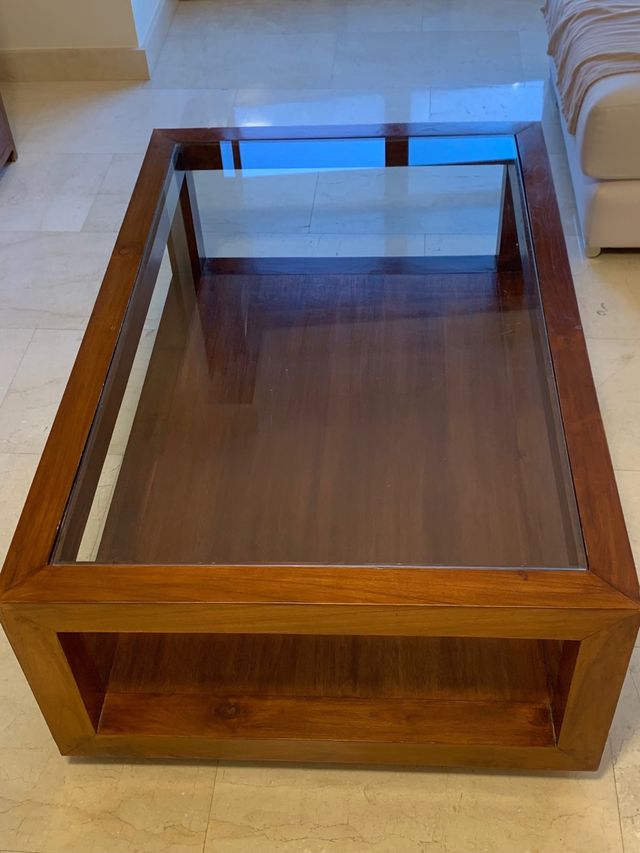 Mesa de centro artesanal madera y cristal