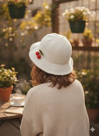 Sombrero blanco tejido con cerezas