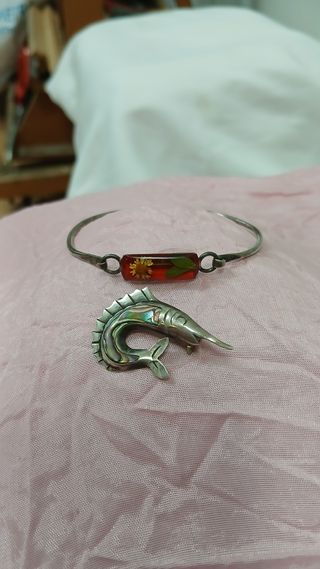 Lote Pulsera y Broche Plata Vintage México Años 80