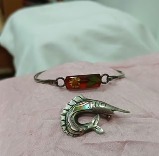 Lote Pulsera y Broche Plata Vintage México Años 80