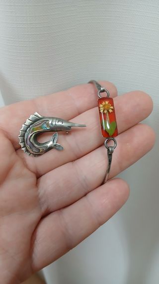 Lote Pulsera y Broche Plata Vintage México Años 80