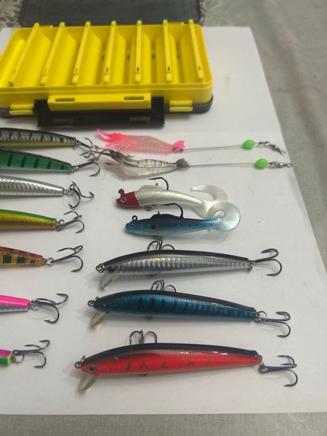 Lote de 14 señuelos + estuche para spinning