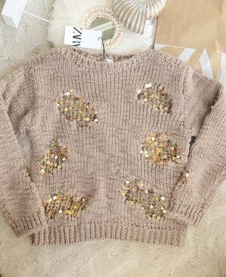 Jersey Zara Beige con Lentejuelas Doradas