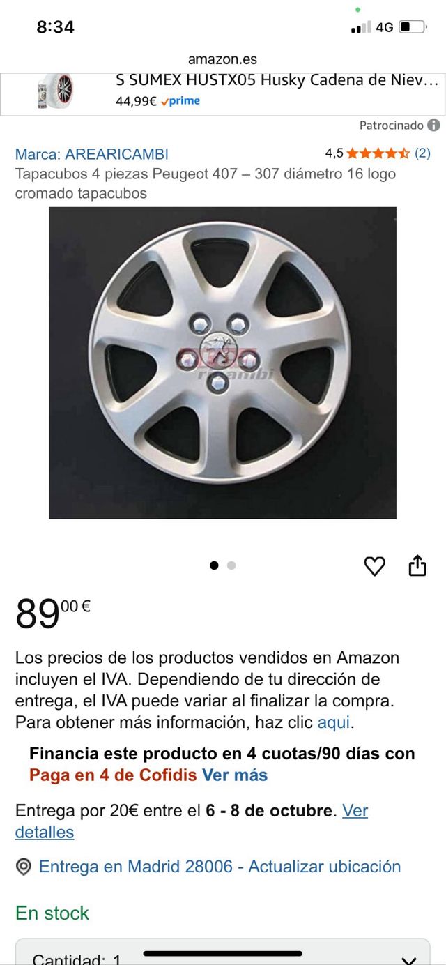 1 Tapacubo Peugeot 307-406 16 pollici