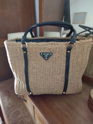 Bolso Tote Rafia  Beige Negro