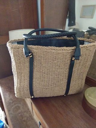 Bolso Tote Rafia  Beige Negro