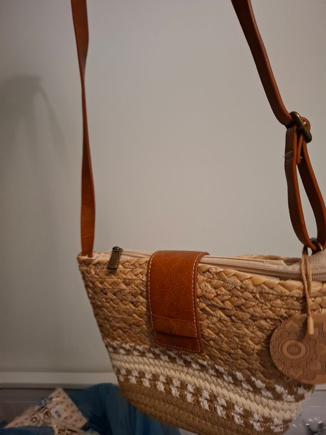 Bolso bandolera ecopiel beige y marrón