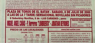 CARTEL DE TOROS DE MADRID 9/7/2000.