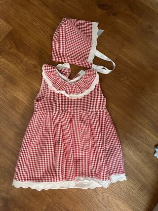Conjunto bebé niña vestido y capota cuadros