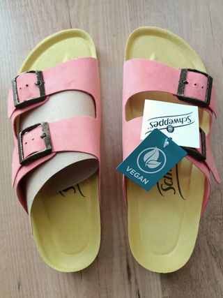 Sandalias veganas Schweppes rosa y amarillo