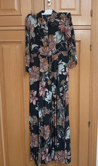 Vestido negro camisero con flores Zara XS