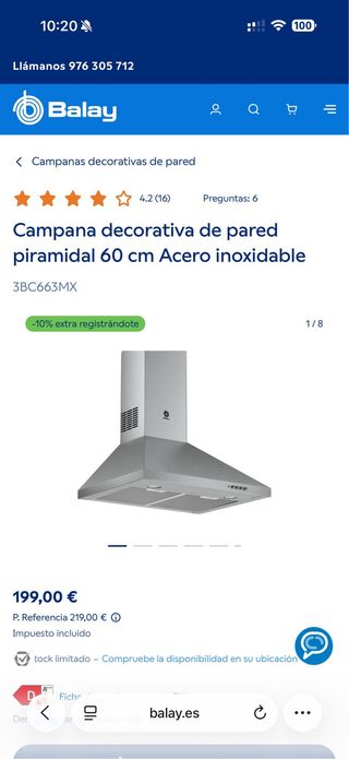Campana extractora Balay acero inoxidable 3BC663MX