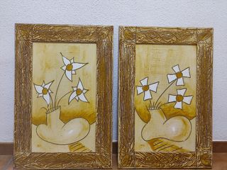 Cuadro decorativo flores beige y dorado