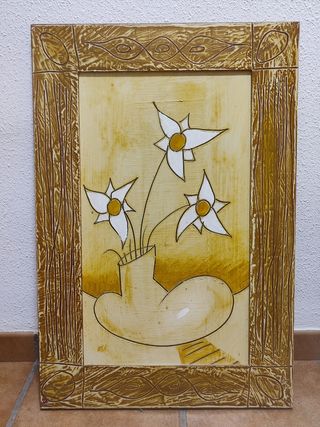 Cuadro decorativo flores beige y dorado