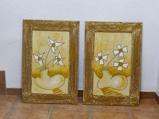 Cuadro decorativo flores beige y dorado