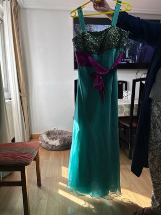 Vestido largo fiesta morado y turquesa