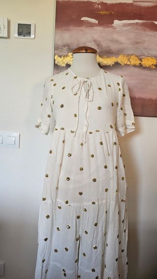 Vestido Cuplé blanco lentejuelas doradas