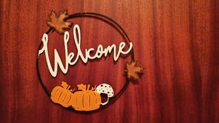 Decorazione porta autunnale con zucche