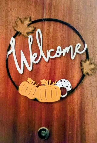 Decorazione porta autunnale con zucche