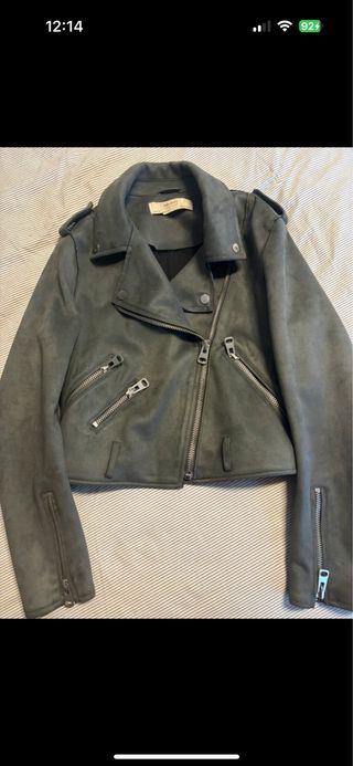 Chaqueta Biker Zara Efecto Ante Gris Talla M