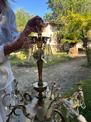 Lámpara antigua hierro dorado con cristales