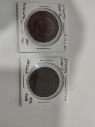 Lote 2 Monedas Isabel II 5 Céntimos de Escudo Barc
