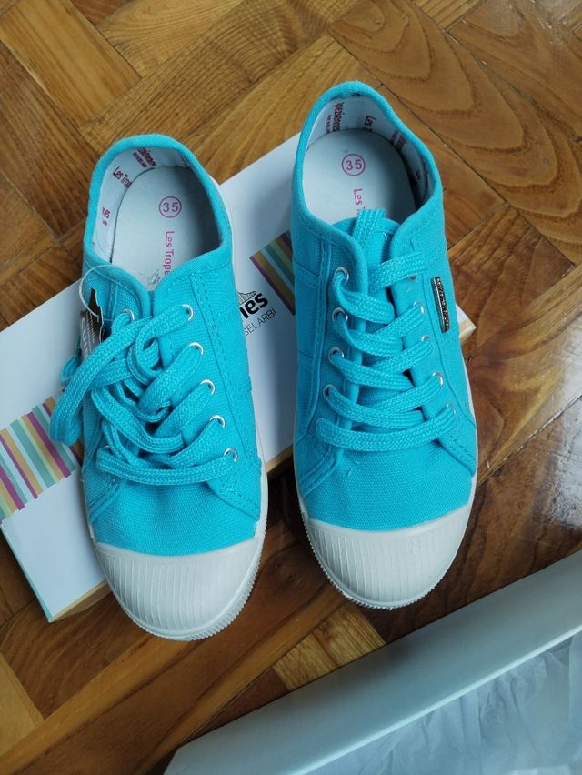 Nuevo. Zapatillas lona turquesa Les Tropéziennes T