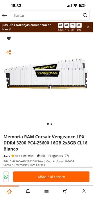Memoria RAM Corsair Vengeance DDR4 16GB (2x8GB)