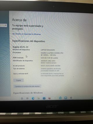 Portátil Acer i5 8GB RAM 15 Gris MODELO: A515-51