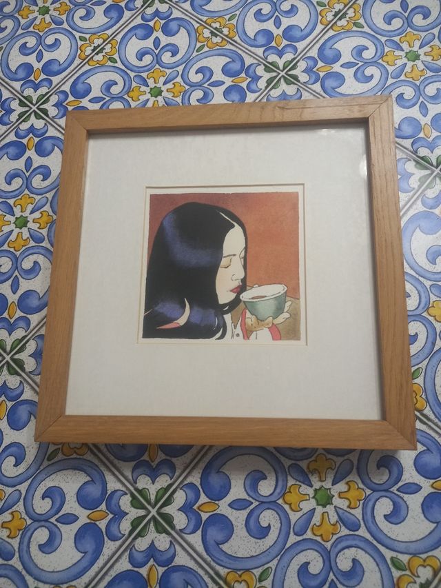 Acquerello Paula Leiva Donna con tazza