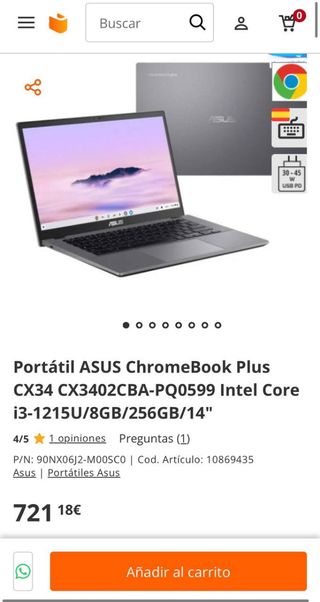 Portátil ASUS ChromeBook Plus CX34 Intel i3 256GB 
