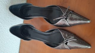 Zapatos Zara Tacón Piel Plateados