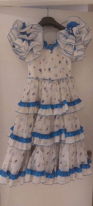 Traje Flamenca Niña Blanco y Azul