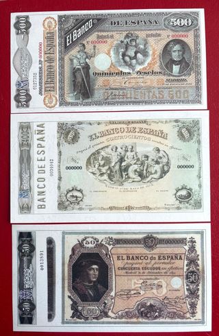 3 Billetes Reproducción: 500 ptas, 400 y50 Escudos