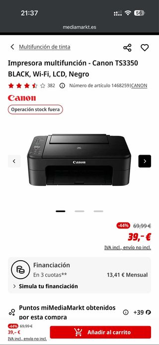 Impresora Canon TS3350 Multifunción Negra