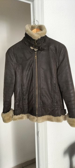 Chaqueta Biker Piel Forro Borrego Marrón