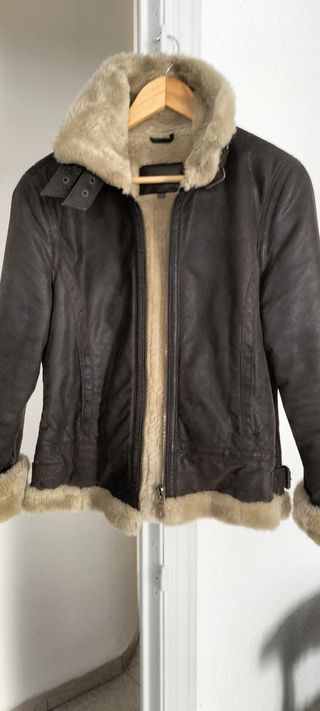 Chaqueta Biker Piel Forro Borrego Marrón