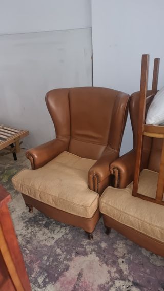 4 Sillones antiguos vintage cuero y tela