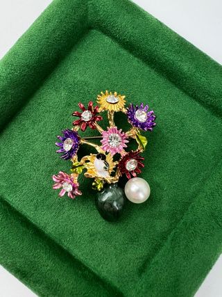 Broche/Colgante Florero con Flores y Pajarito