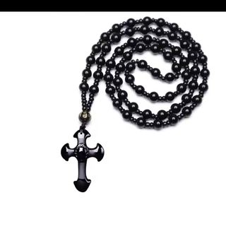 Collar Cruz Piedra Natural Obsidiana Negra