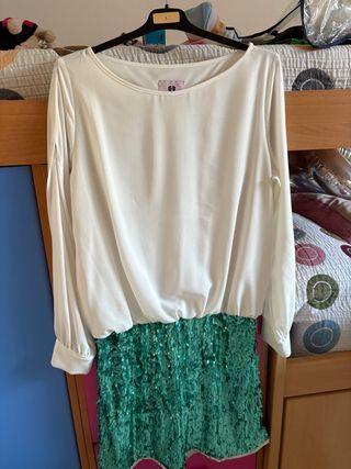 Vestido blanco y verde lentejuelas talla L