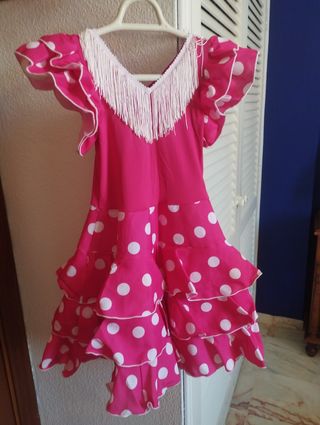 Traje Gitana Corto Rosa Lunares Blanco