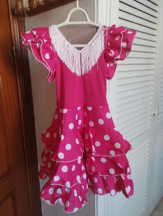 Traje Gitana Corto Rosa Lunares Blanco