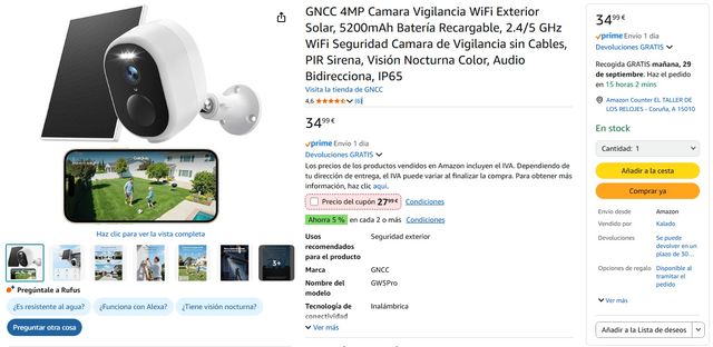 Cámara Vigilancia Solar Exterior WiFi 5200mAh