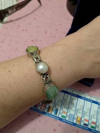 Bracciale antico argento con perla e pietra verde