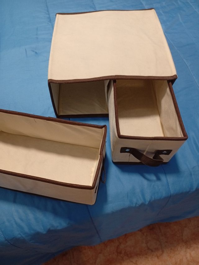 Cajonera multiusos de tela beige y marrón