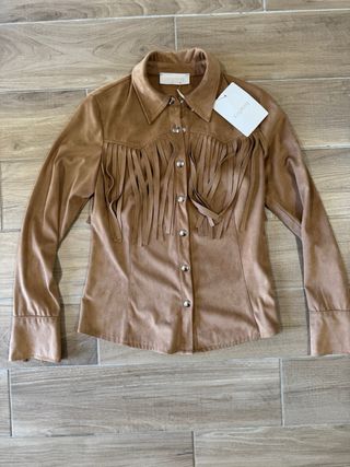 Camicia King Kong ecopelle marrone con frange Tg S